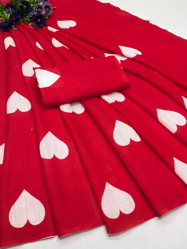Impressive_Red_Color_Heart_Printed_Valentine_Special_Cotton_Linen_Saree_With_Scintilla_Blouse_Piece