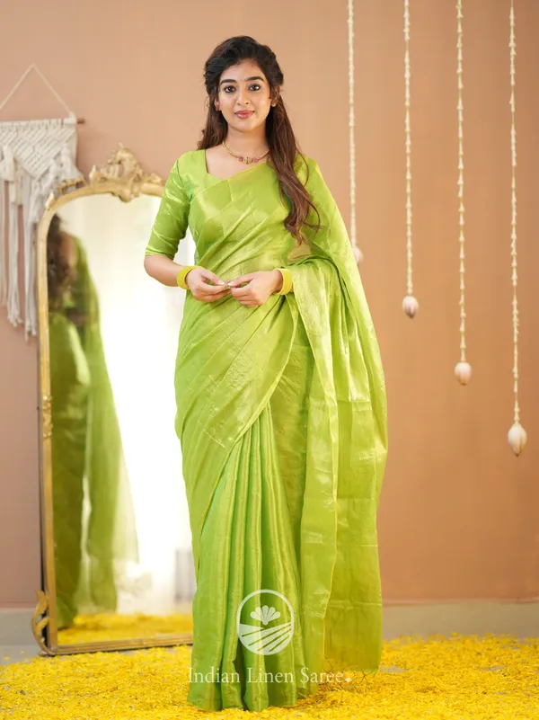 Pale Pista Green Color Linen By Tissue Saree With Contrast Floral Printed Blouse