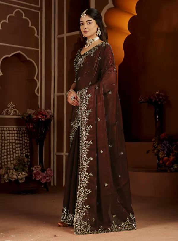Chocolate_Color_Satin_Silk_Saree_with_Maroon_Blouse_Heavy_Embroidered_Work