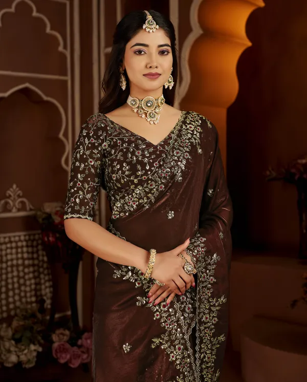 Chocolate_Color_Satin_Silk_Saree_with_Maroon_Blouse_Heavy_Embroidered_Work