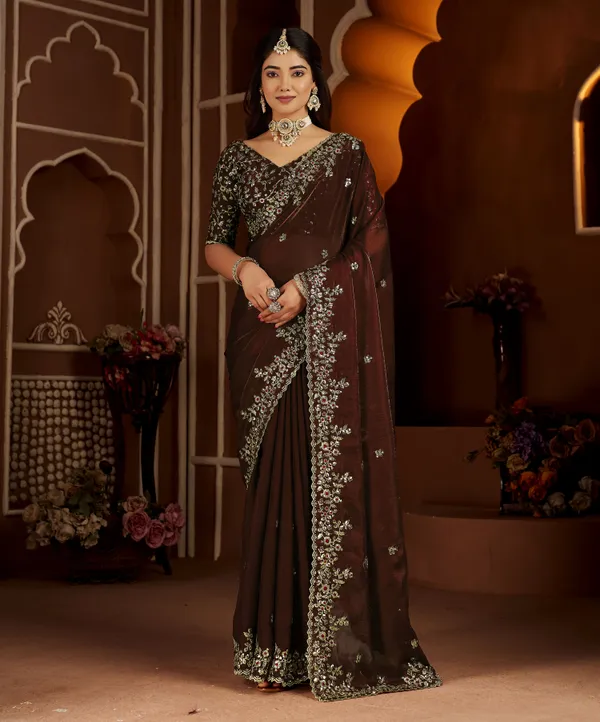 Chocolate_Color_Satin_Silk_Saree_with_Maroon_Blouse_Heavy_Embroidered_Work