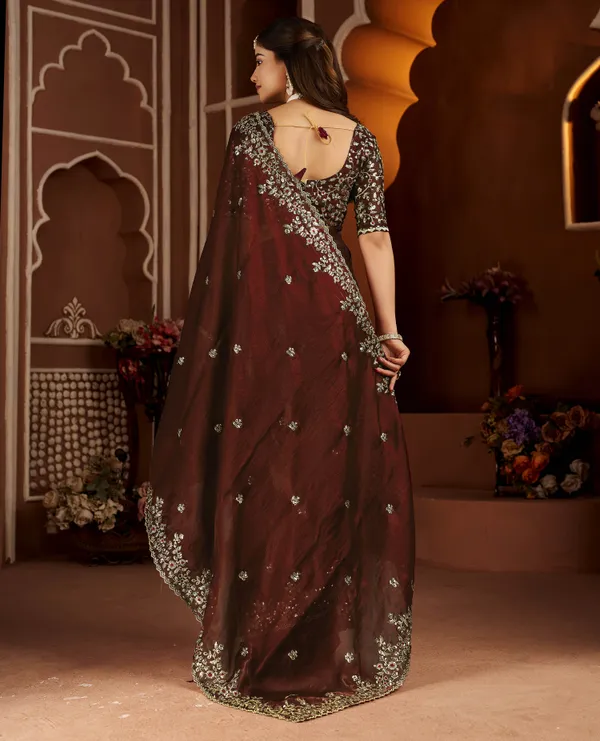 Chocolate_Color_Satin_Silk_Saree_with_Maroon_Blouse_Heavy_Embroidered_Work