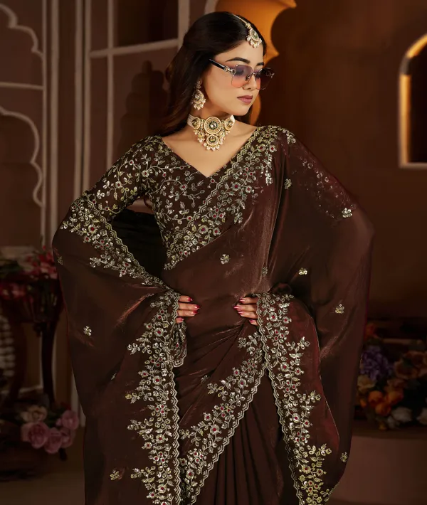 Chocolate_Color_Satin_Silk_Saree_with_Maroon_Blouse_Heavy_Embroidered_Work