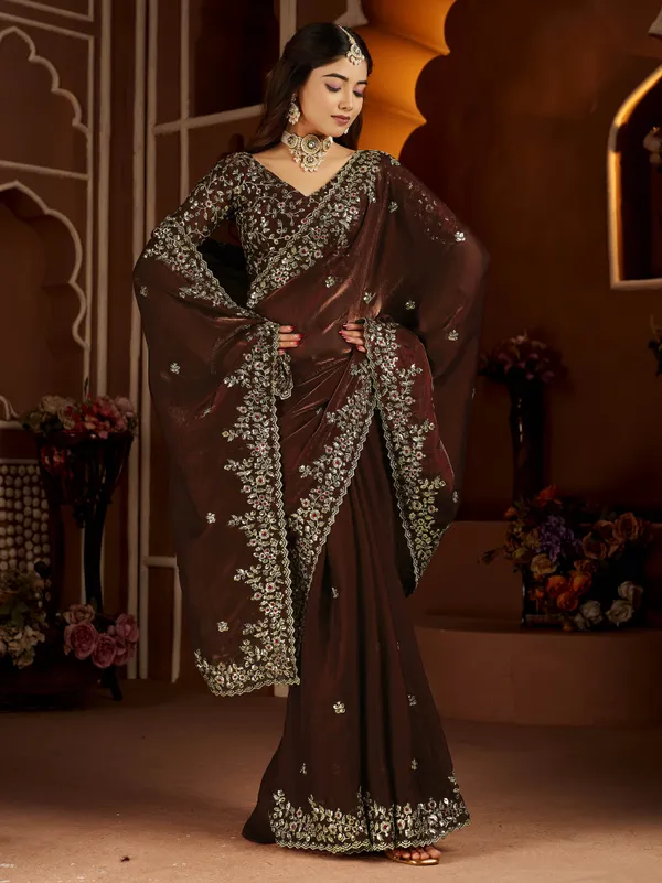 Chocolate_Color_Satin_Silk_Saree_with_Maroon_Blouse_Heavy_Embroidered_Work