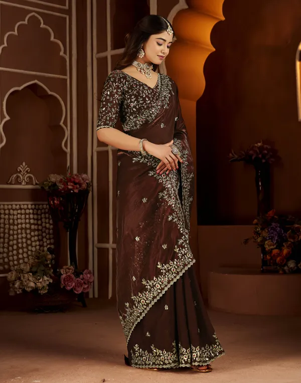 Chocolate_Color_Satin_Silk_Saree_with_Maroon_Blouse_Heavy_Embroidered_Work