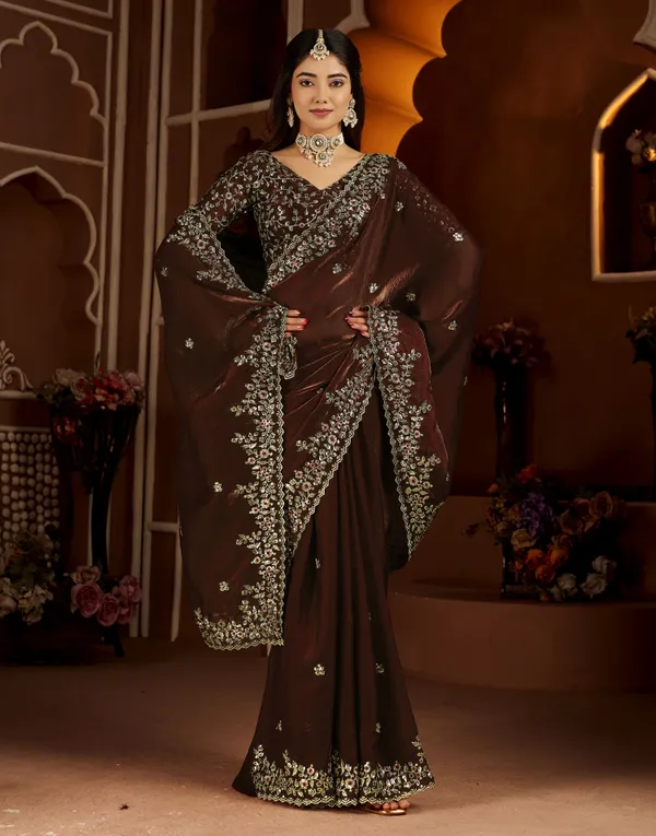 Chocolate_Color_Satin_Silk_Saree_with_Maroon_Blouse_Heavy_Embroidered_Work