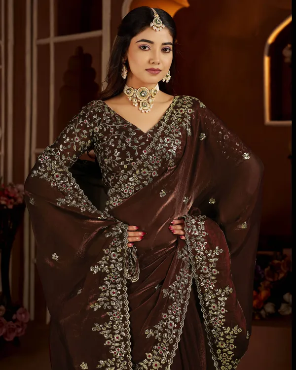 Chocolate_Color_Satin_Silk_Saree_with_Maroon_Blouse_Heavy_Embroidered_Work