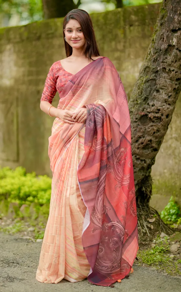 Pastel_Peach_&_Maroon_Ombre_Linen_Saree_(With_Unstitched_Blouse_Piece)