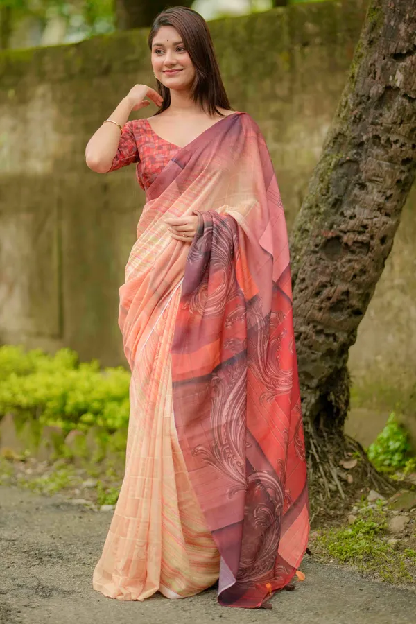 Pastel_Peach_&_Maroon_Ombre_Linen_Saree_(With_Unstitched_Blouse_Piece)
