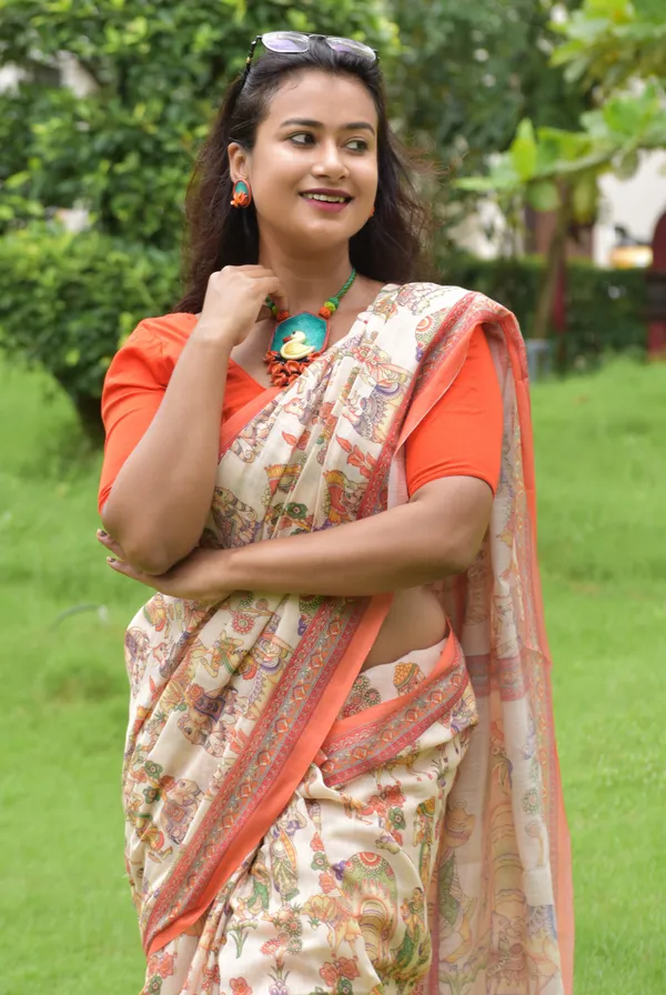 Orange_colour_Linen_Saree_(With_Unstitched_Blouse_Piece)_(For_Women)