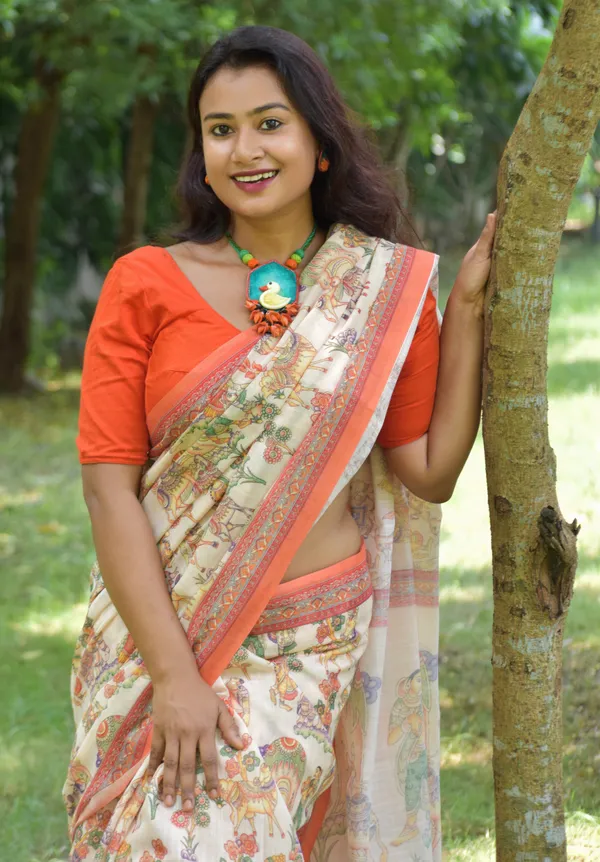 Orange_colour_Linen_Saree_(With_Unstitched_Blouse_Piece)_(For_Women)