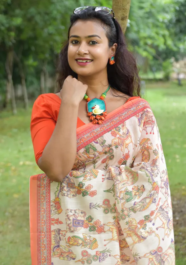 Orange_colour_Linen_Saree_(With_Unstitched_Blouse_Piece)_(For_Women)