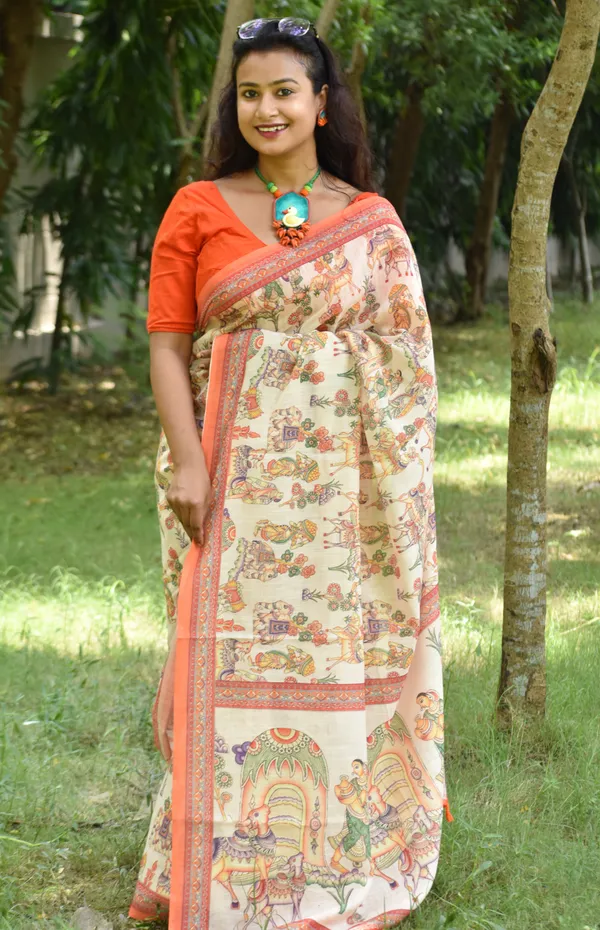 Orange_colour_Linen_Saree_(With_Unstitched_Blouse_Piece)_(For_Women)