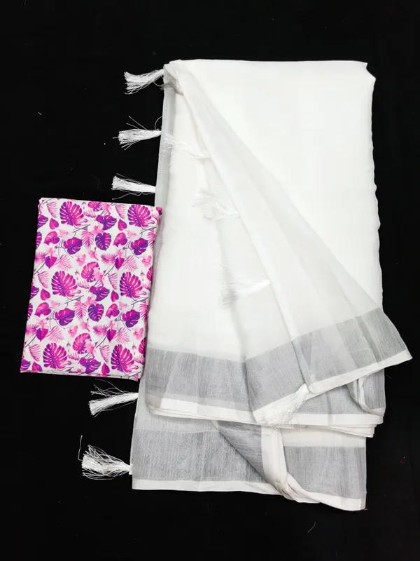 White_Cotton_Linen_Saree_with_Grey_Border_&_Pink_Leaf_Print_Blouse_Piece