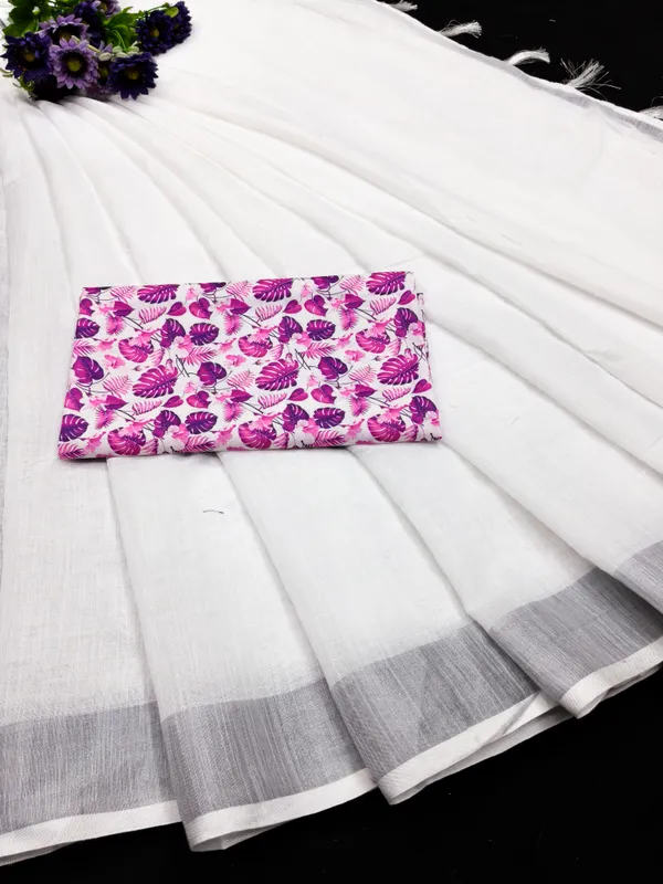 White_Cotton_Linen_Saree_with_Grey_Border_&_Pink_Leaf_Print_Blouse_Piece