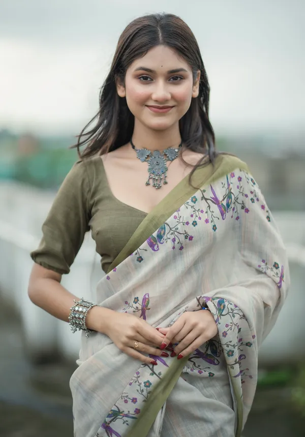 Olive_Green_colour_Linen_Saree_(With_Unstitched_Blouse_Piece)_(For_Women)