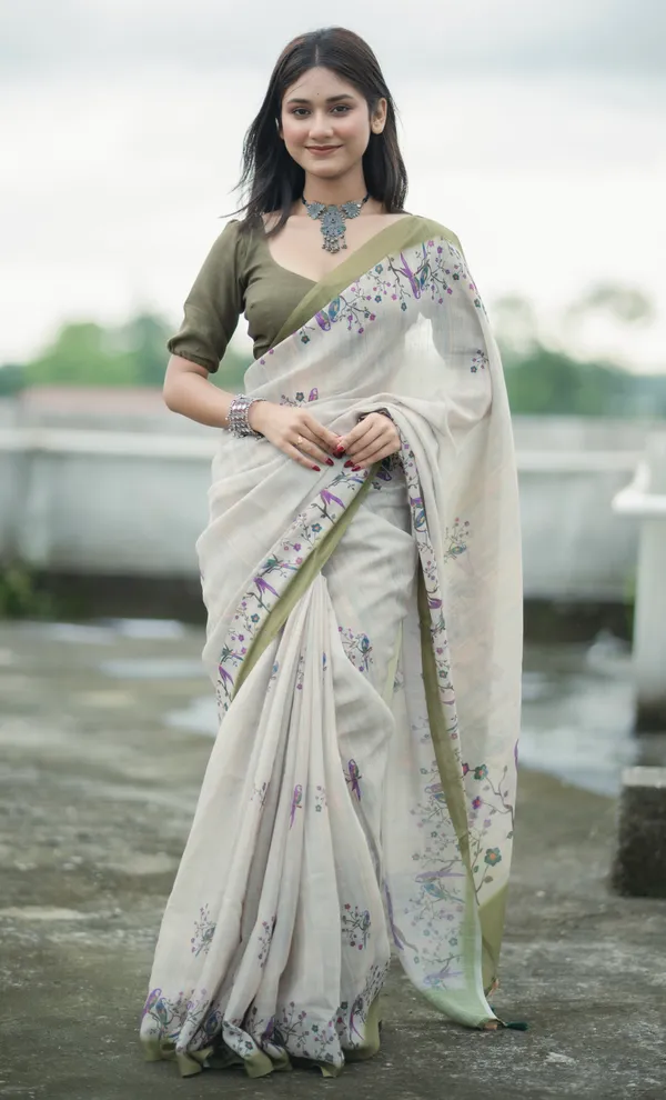 Olive_Green_colour_Linen_Saree_(With_Unstitched_Blouse_Piece)_(For_Women)