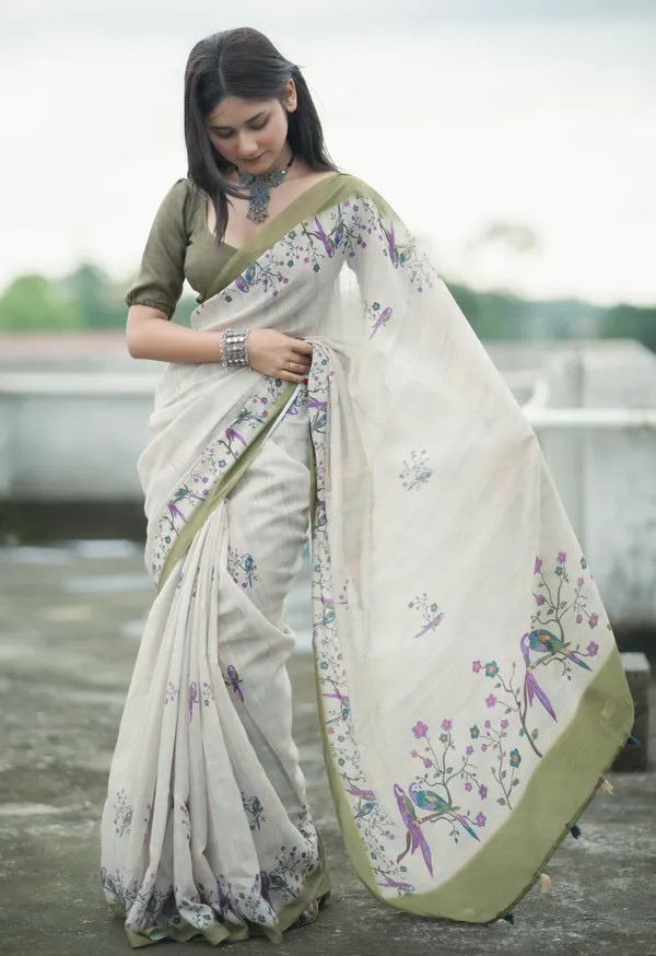 Olive_Green_colour_Linen_Saree_(With_Unstitched_Blouse_Piece)_(For_Women)