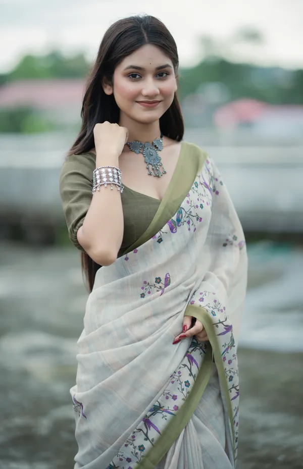 Olive_Green_colour_Linen_Saree_(With_Unstitched_Blouse_Piece)_(For_Women)