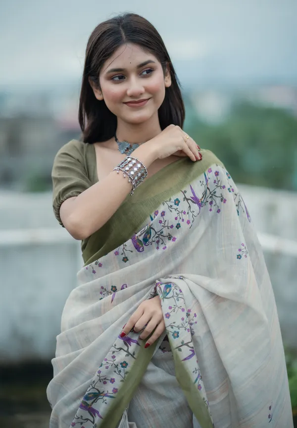 Olive_Green_colour_Linen_Saree_(With_Unstitched_Blouse_Piece)_(For_Women)