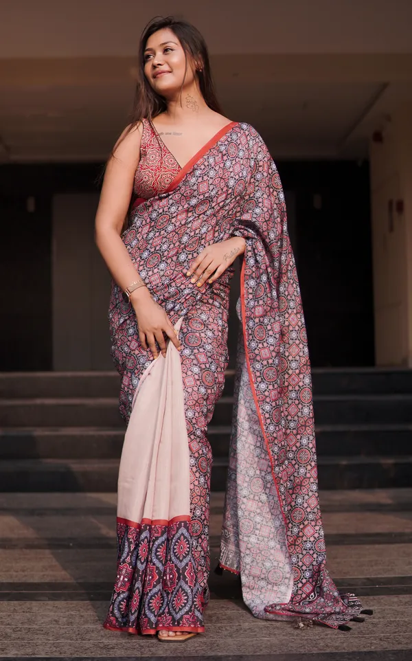 Cream_Colour_Linen_Saree_(With_Unstitched_Blouse_Piece)_(For_Women)