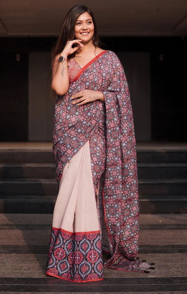 Cream_Colour_Linen_Saree_(With_Unstitched_Blouse_Piece)_(For_Women)