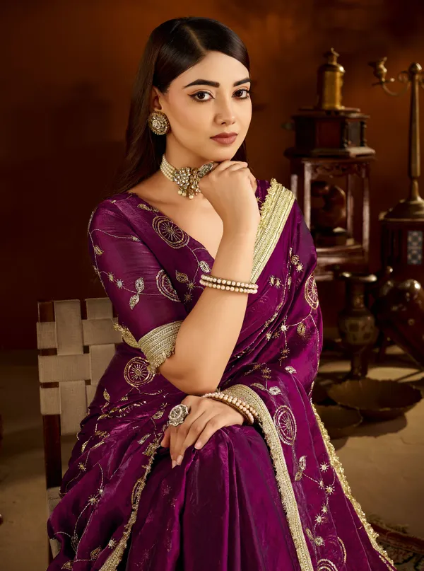 Wine_Satin_Silk_Saree_with_Heavy_Embroidered_Work