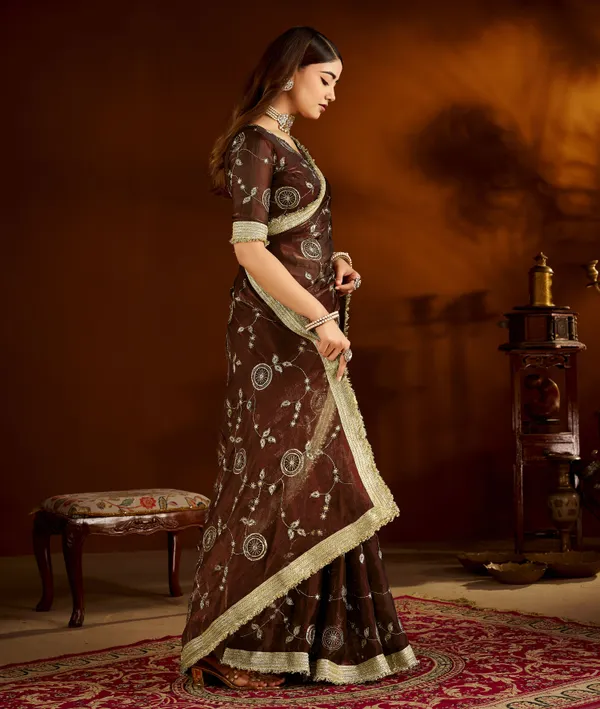 Choclate_Color_Satin_Silk_Saree_with_Heavy_Embroidered_Work