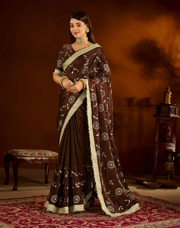 Choclate_Color_Satin_Silk_Saree_with_Heavy_Embroidered_Work