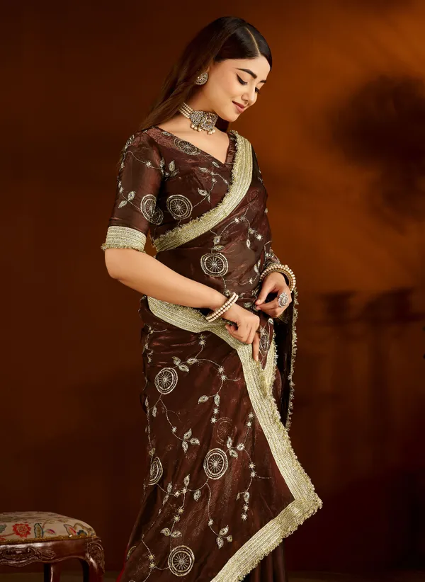 Choclate_Color_Satin_Silk_Saree_with_Heavy_Embroidered_Work