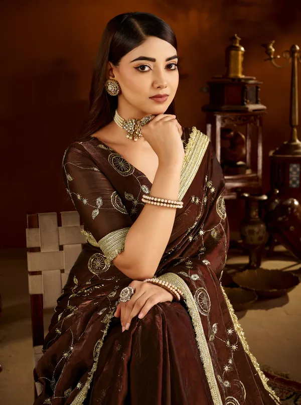 Choclate_Color_Satin_Silk_Saree_with_Heavy_Embroidered_Work