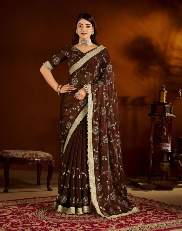 Choclate_Color_Satin_Silk_Saree_with_Heavy_Embroidered_Work