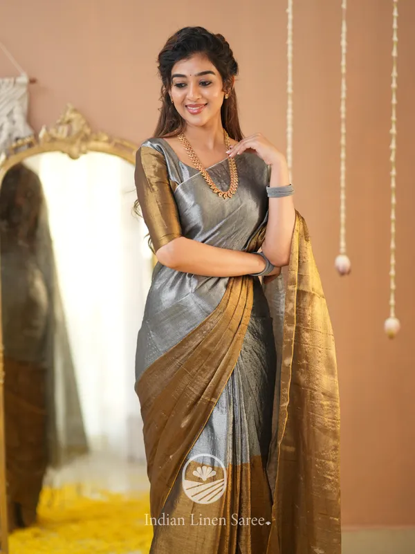 Gold_&_Silver_Handloom_Tissue_Saree_With_Designer_Blouse