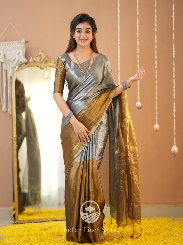 Gold_&_Silver_Handloom_Tissue_Saree_With_Designer_Blouse