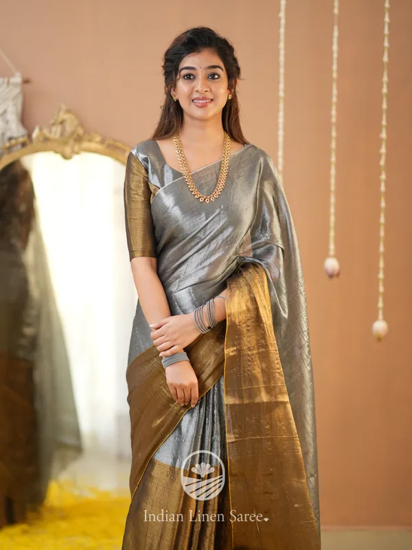 Gold_&_Silver_Handloom_Tissue_Saree_With_Designer_Blouse