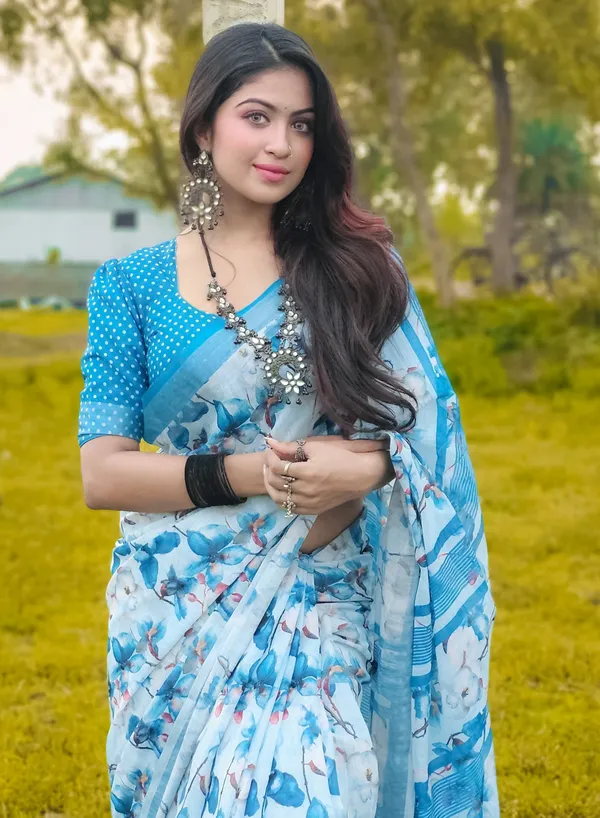 Sky_Blue_Colour_Linen_Saree_(With_Unstitched_Blouse_Piece)_(For_Women)