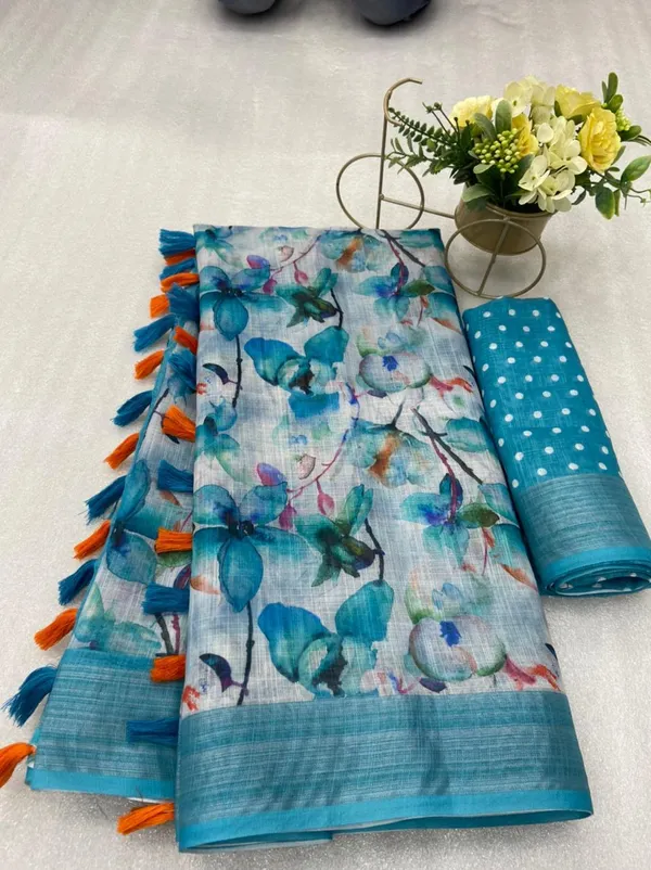 Sky_Blue_Colour_Linen_Saree_(With_Unstitched_Blouse_Piece)_(For_Women)
