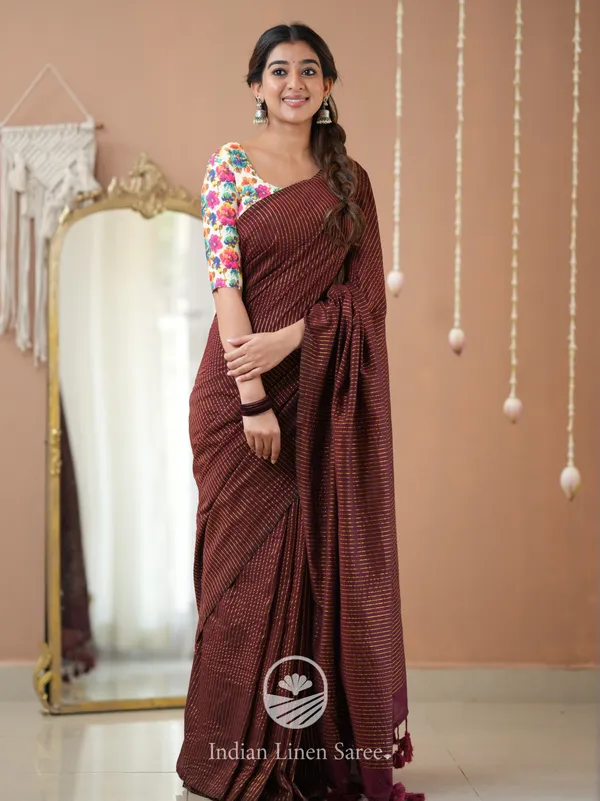 Wine_Stripe_cotton_Saree_designer_Print__Blouse