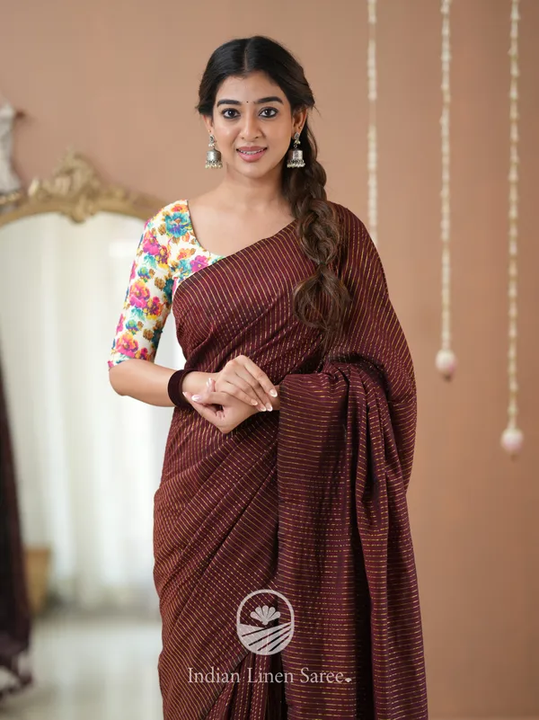 Wine_Stripe_cotton_Saree_designer_Print__Blouse