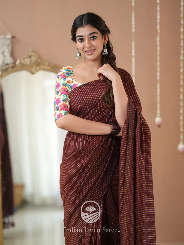 Wine_Stripe_cotton_Saree_designer_Print__Blouse