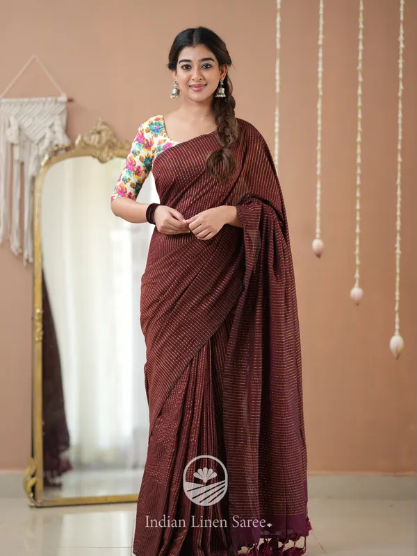 Wine_Stripe_cotton_Saree_designer_Print__Blouse