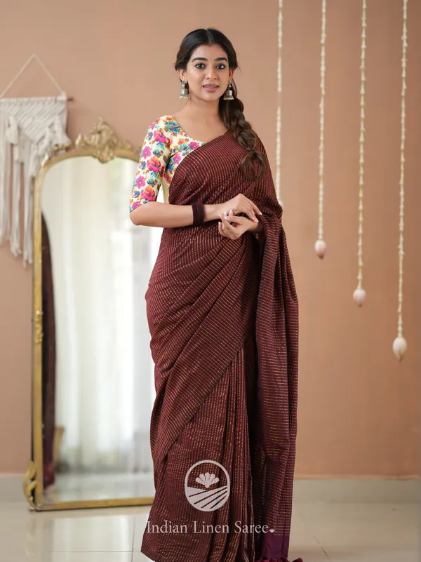 Wine_Stripe_cotton_Saree_designer_Print__Blouse