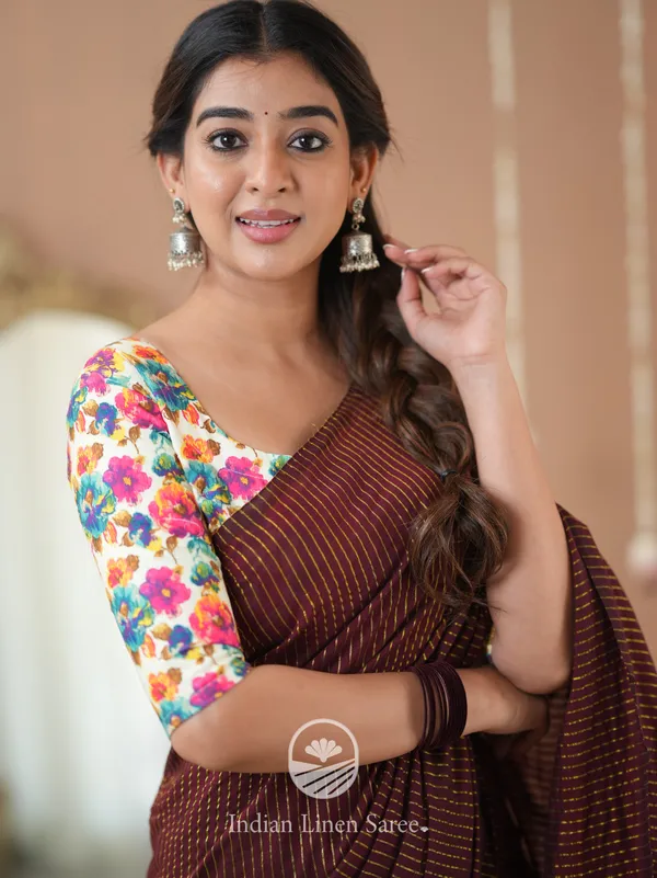 Wine_Stripe_cotton_Saree_designer_Print__Blouse