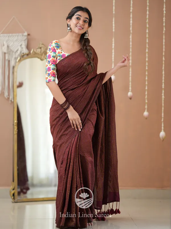 Wine_Stripe_cotton_Saree_designer_Print__Blouse