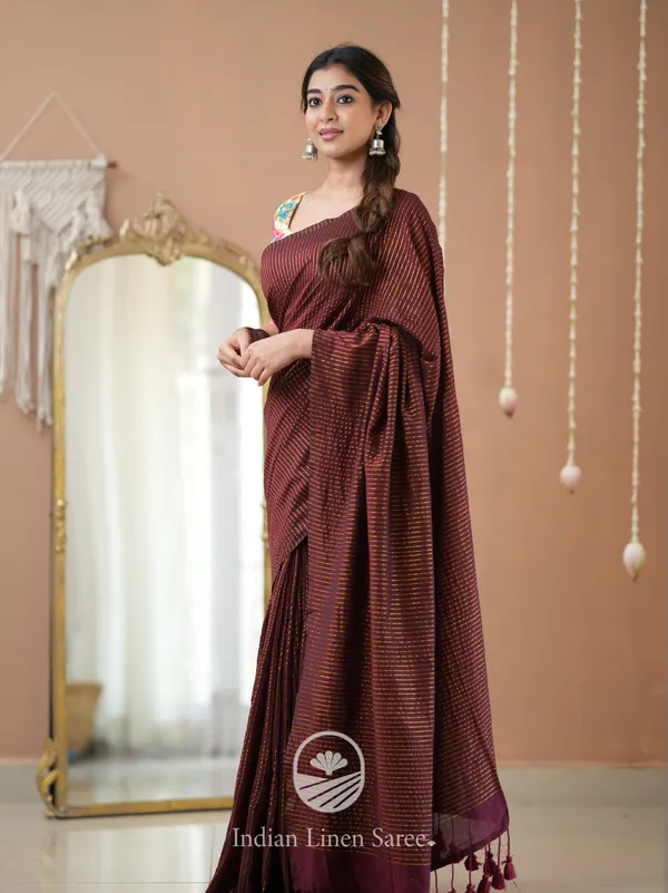 Wine_Stripe_cotton_Saree_designer_Print__Blouse