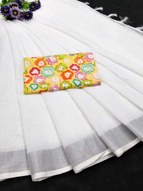 White_Cotton_Linen_Saree_with_Grey_Border_&_Yellow_Multicolor_Floral_Blouse_Piece