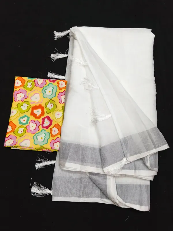 White_Cotton_Linen_Saree_with_Grey_Border_&_Yellow_Multicolor_Floral_Blouse_Piece