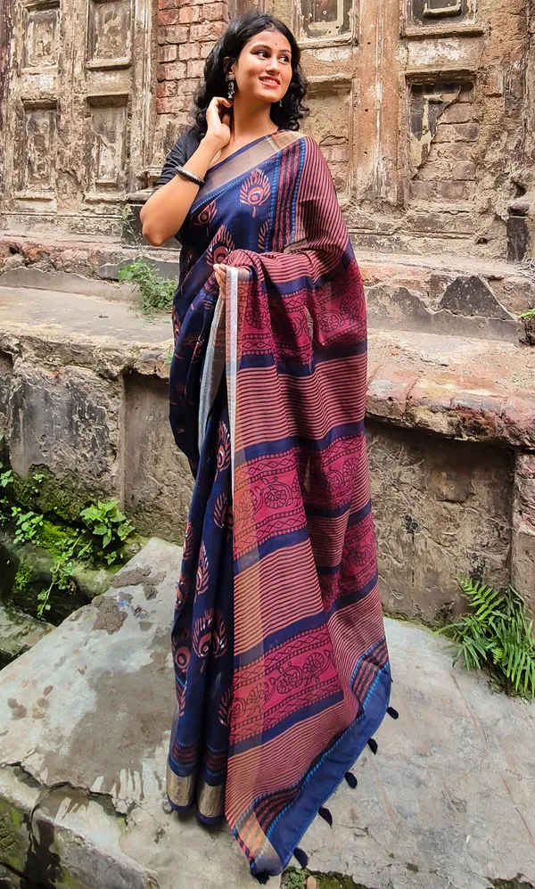 Blue_Colour_Linen_Saree_(With_Unstitched_Blouse_Piece)_(For_Women)