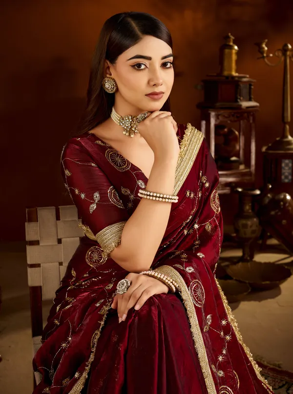 Maroon_Satin_Silk_Saree_with_Heavy_Embroidered_Work
