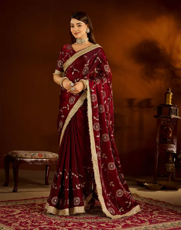 Maroon_Satin_Silk_Saree_with_Heavy_Embroidered_Work